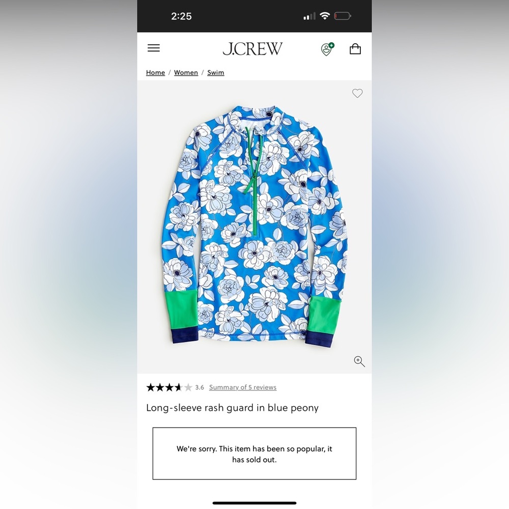 J Crew Blue Peony Long Sleeve  Rash guard